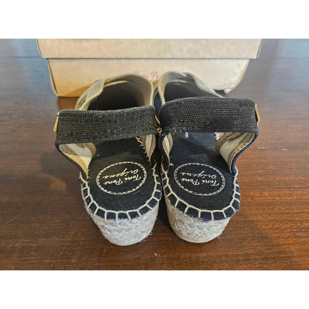 Toni Pons Espadrille Sandal Women 37 US 6/6.5 Black Beige Canvas Wedge Slingback